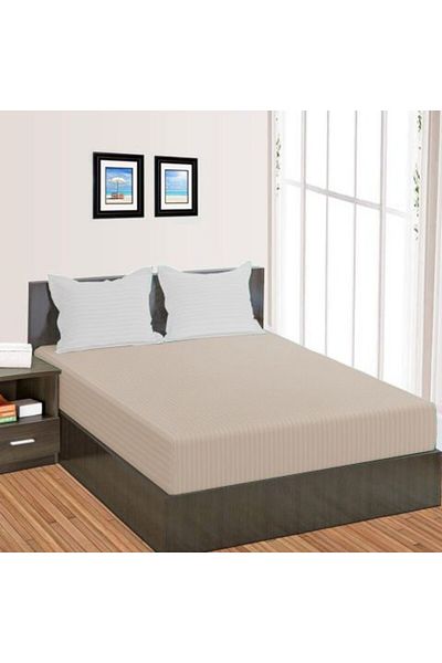 HomePuls Fitted Sheet Damask Polycotton Stripe 1 cm, 150 x 250 cm for mattress 100 x 200 cm, Beige Cappuccino