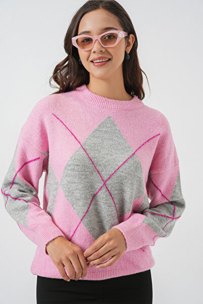 Bigdart 15895 Diamond Patterned Oversize Knitwear Sweater - Y.Pink