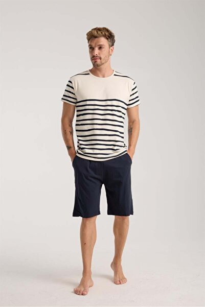 modaserdem Mdsrdm Men's Cream Crew Neck Short Sleeve Shorts Pajamas Set