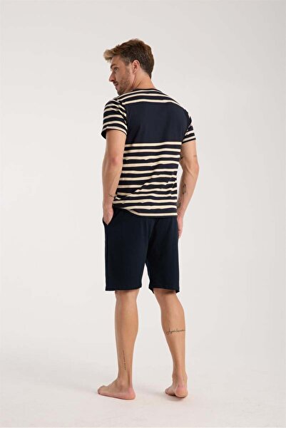 modaserdem Mdsrdm Men's Navy Blue Crew Neck Short Sleeve Shorts Pajamas Set