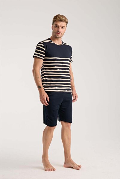 modaserdem Mdsrdm Men's Navy Blue Crew Neck Short Sleeve Shorts Pajamas Set