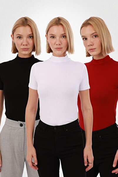 Yade Fashion Kadın Kısa Kollu Bluz 3’lü Set – Siyah Beyaz Kırmızı