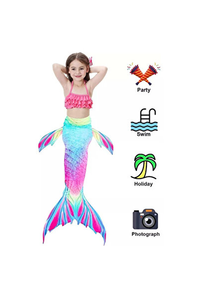 THK Set de 5 piese, Roz/Albastru, Include top, chiloți, coadă, colier și coro...