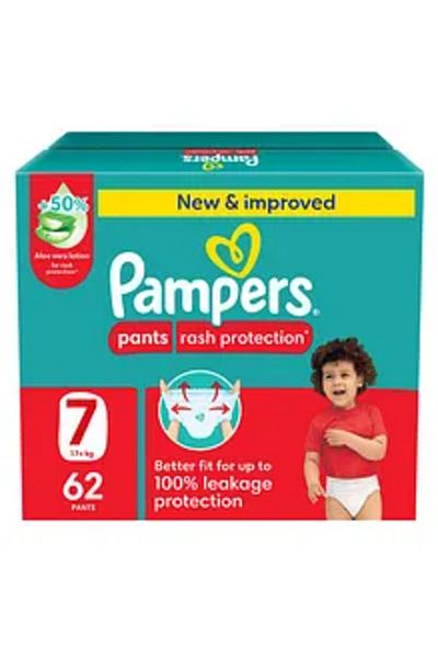 Pampers حفاضات حماية من الطفح الجلدي، مقاس 7، 17 كجم، لوشن الصبار +50%، صندوق ضخم، 62 حفاضة