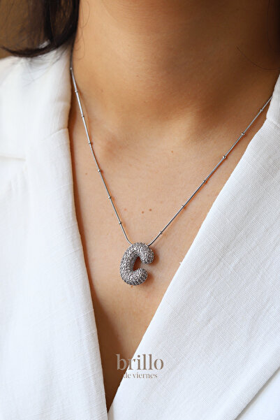 Brillo Steel Zircon Stone Letter Balloon Necklace-Silver Color