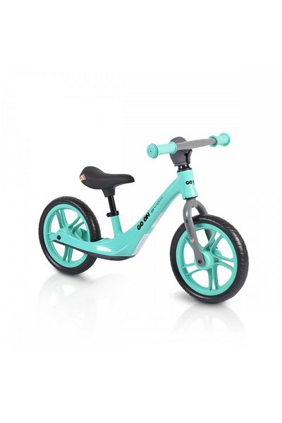 byox Go On turquoise 12 inch children's bike without pedals, EVA foam wheels, adjustable seat 32-41 cm