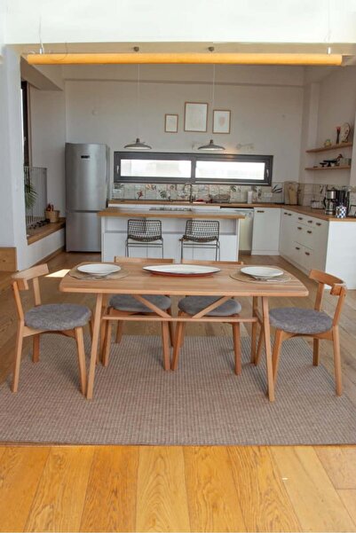 unboxdeco 6 Kişilik Kayın Masa Takımı, 6 Adet ARC Kayın Bej sandalye, 6 Kişilik yemek masası takımı Gri döşeme