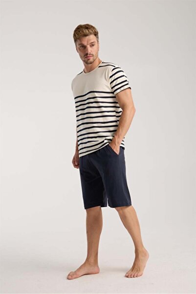 modaserdem Mdsrdm Men's Cream Crew Neck Short Sleeve Shorts Pajamas Set