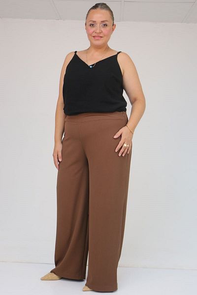 Eslina 59011 بنطال كريب بحزام جانبي وسحاب جانبي مقاس كبير - بني
