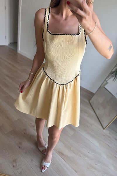 Sue Store Butter Yellow Thick Strap Lace Detailed Openwork Linen Dress