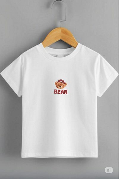 NO 601 Unisex White Bear Printed Children's Short Sleeve Combed Cotton T-Shirt