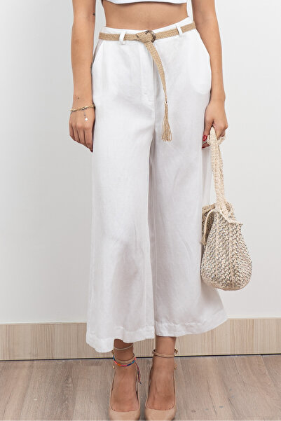 MissVina Midi Boy Hasır Kemerli Keten Pantolon 30278