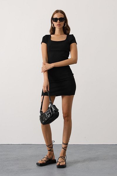 VAGGON Women's Black Square Neck Short Sleeve Mini Length Dress Vs00409