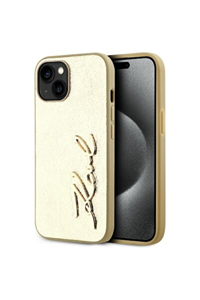 Royal Husă pentru iPhone 15, piele, D37, Signature din metal auriu