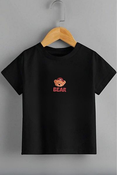 NO 601 Unisex Black Bear Printed Children's Short Sleeve Combed Cotton T-Shirt