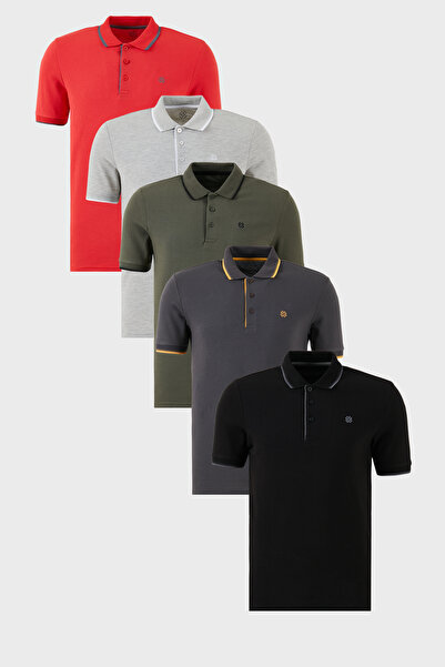 Buratti تي شيرت قطني بقصة ضيقة ومفصل بأزرار وياقة بولو مكون من 5 قطع تي شيرت ...