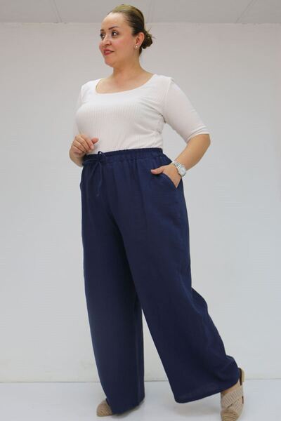 Eslina 59021 Large Size Muslin Wide Leg Trousers with Elastic Waist - Navy Blue