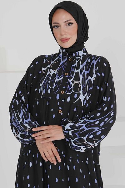 TOFİSA Patterned Buttoned Dress Blue - 27493
