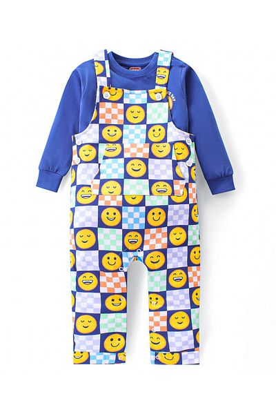 Babyhug Single Jersey Knit Dungaree with Full Sleeves Inner T-Shirt Emoji Print - Navy Blue