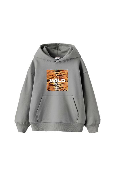 Sekizbiraltı Wild Printed Oversize Unisex Gray Hoodie