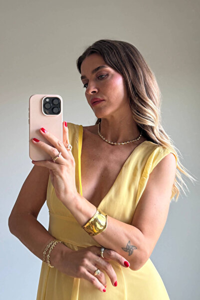 Sue Store Sarı Derin V Yaka Kalın Askılı Astarlı Şifon Elbise