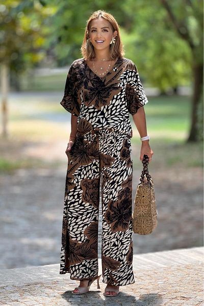 Nevin Kaya Moda Σικελία Καφέ Παντελόνι με Τροπικό Μοτίβο Μπλούζα Σετ δύο τεμαχίων
