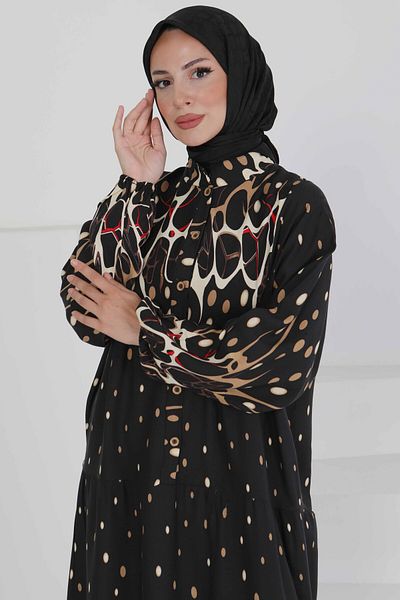 TOFİSA Patterned Buttoned Dress Beige - 27493