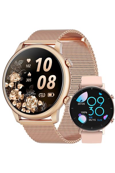 Smart Vibe ACTIVE Smartwatch - Doua Bratari Metalica si Silicon, Monitor Sanatate, Multi Sport, Gold