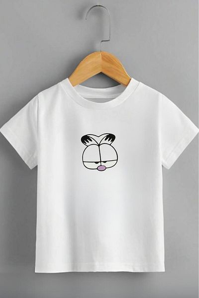 NO 601 Unisex White Cat Printed Children's Short Sleeve Combed Cotton T-Shirt