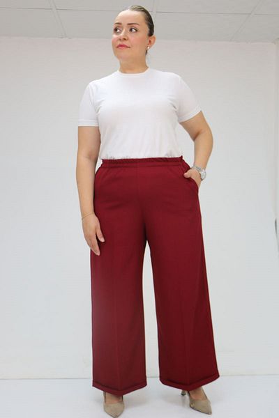 Eslina 59008 Large Size Double Leg Trousers with Elastic Waist - Claret Red