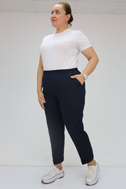 Eslina 59009 Large Size Double Leg Trousers with Elastic Waist - Navy Blue