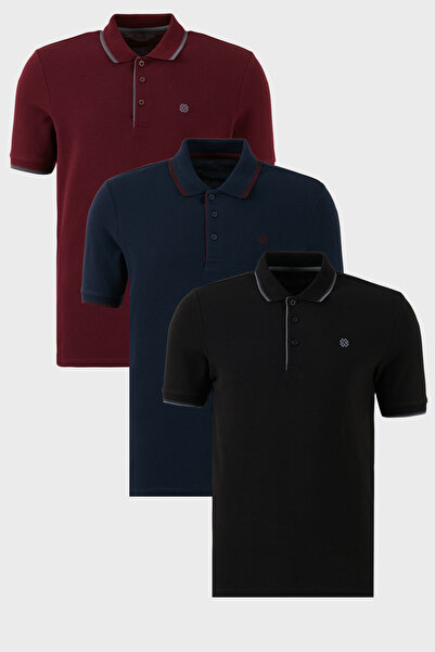 Buratti Pamuklu Slim Fit Şerit Detaylı Düğmeli Polo Yaka 3'lü Paket T Shirt E...