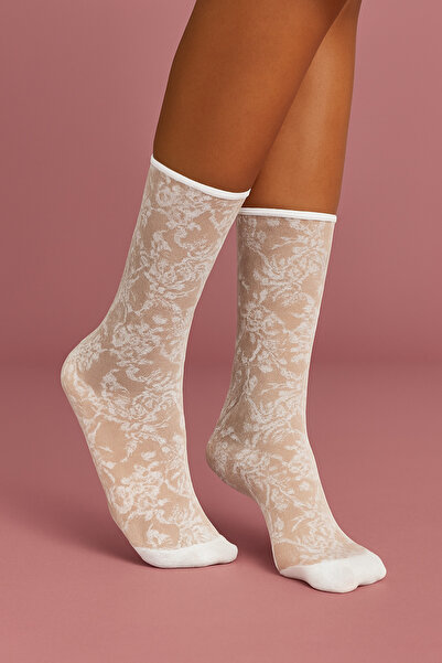 BONY SOCKS Kadın Desenli İnce Soket Çorap Beyaz
