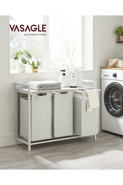 VASAGLE Cos de rufe, 3 compartimente, saci de rufe detasabili, raft, 3x38L, 93x33x72 cm, alb