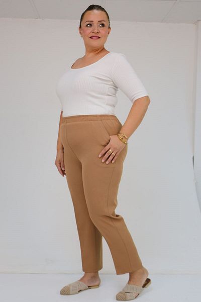 Eslina 59018 Plus Size Pipe Leg Double Fabric Trousers - Mink