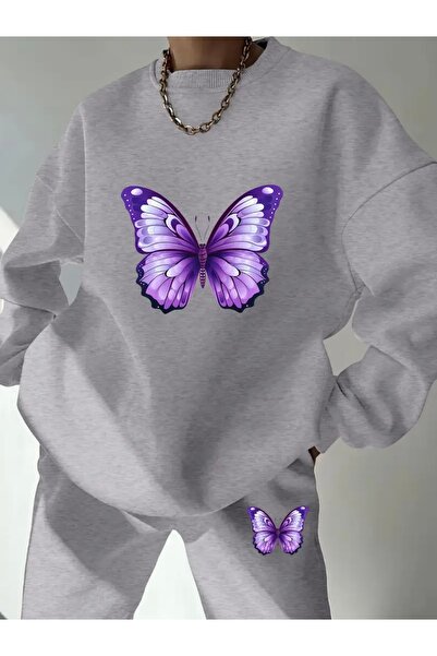 FUFLUNS طقم بدلة رياضية برقبة دائرية كبيرة الحجم للجنسين مطبوعة على شكل فراشة