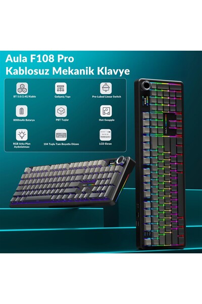 Aula F108 Pro Ekranlı Mekanik Klavye Nimbus Switch RGB Hot Swap 8000mAh Makrolu Oyuncu Klavyesi Gri