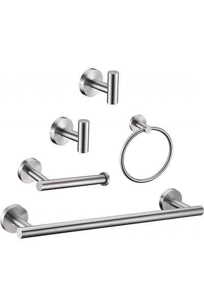 eR D L Set of 5 bathroom hooks, ring, towel bar, toilet roll holder, robe hooks, stainless steel, chrome