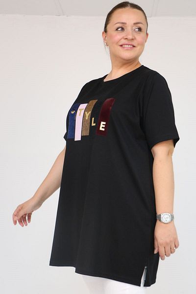 Eslina 58504 Large Size Ribbed Collar Suprem T-Shirt - Black