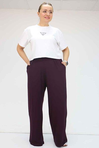Eslina 39000 Plus Size High Waist Elasticized Wide Leg Combed Pants - Purple