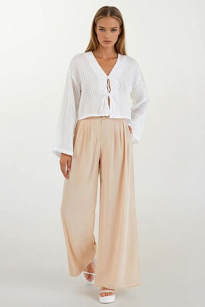 VAGGON Women's Stone Button Closure Pleated Palazzo Pants Vs00422