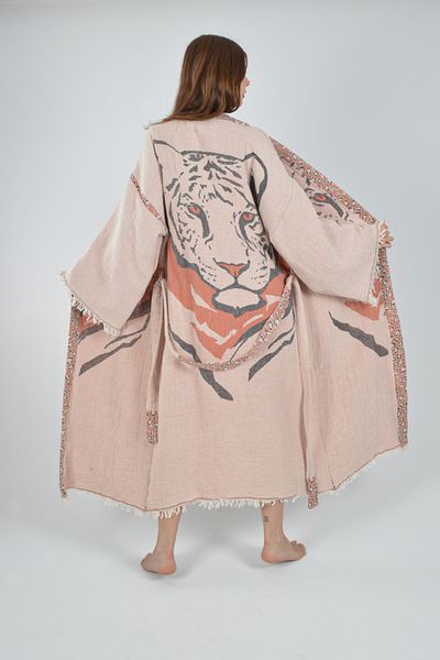 REİNA TEKS Kimono Kaftan Tiger 1 Piece Bohemian Bathrobe Unisex Jacquard Muslin Fabric