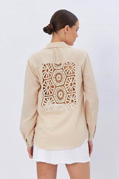 VAGGON Women's Stone Bottom and Lace Detailed Linen Shirt Vs00418