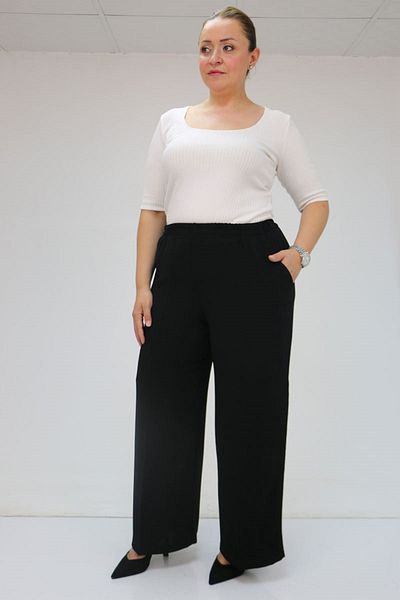 Eslina 59014 plus size elastic waist crepe loose leg trousers - black