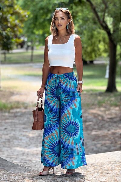 Nevin Kaya Moda Pantaloni din viscoză din bumbac 100% cu model etnic albastru ITALIAN