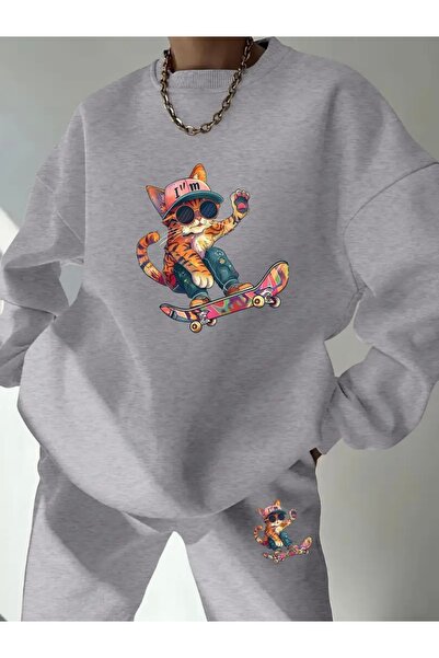 FUFLUNS طقم بدلة رياضية برقبة دائرية كبيرة الحجم للجنسين مطبوع عليها SKATEBOA...