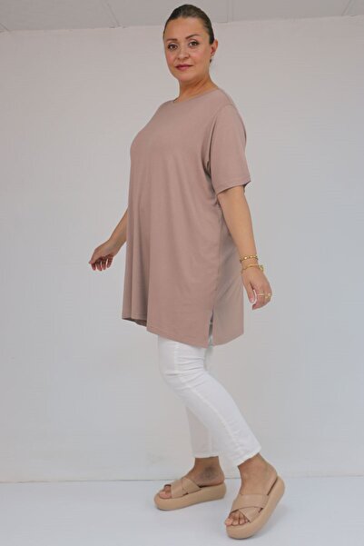 Eslina 58507 Large Size Collar Piping Combed Cotton T-Shirt - Beige