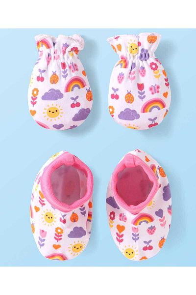 Babyhug 100% Cotton Knit Mittens & Booties Set with Floral & Bee Print - Pink