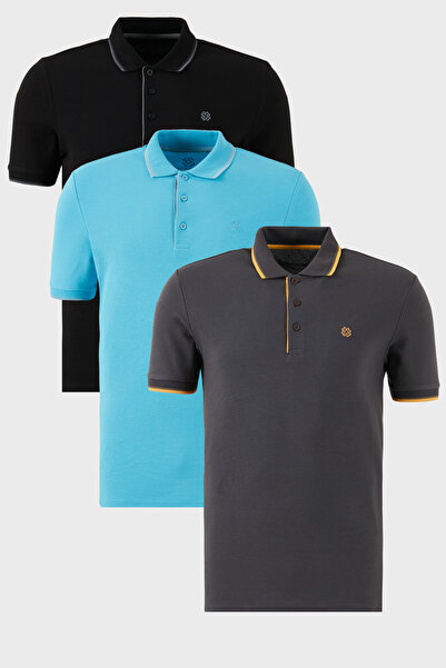 Buratti تي شيرت قطني بقصة ضيقة ومفصل بأزرار وياقة بولو مكون من 3 قطع تي شيرت ...