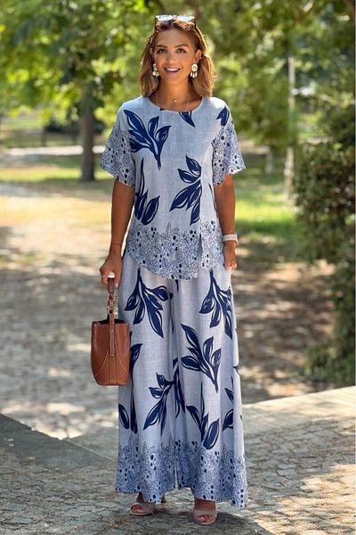 Nevin Kaya Moda Σικελία Μπλε Παντελόνι με μοτίβο λουλουδιών ελιάς Σετ μπλούζα δύο τεμαχίων
